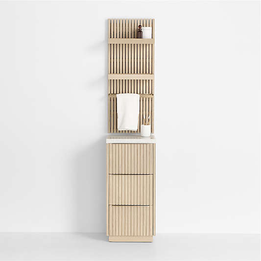 Batten 16" White Oak Wood and Marble Bath Storage Tower and Panel Set with Shelf and Towel Bar