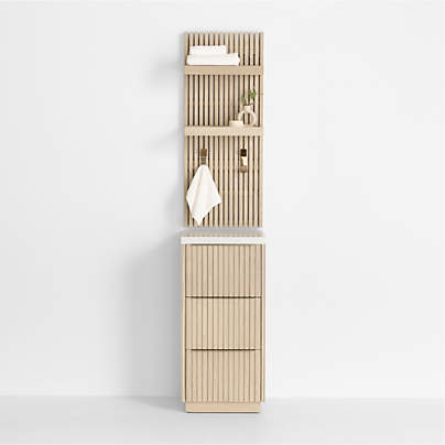 Batten 16" White Oak Wood and Marble Bath Storage Tower and Panel Set with Shelf and Towel Hook