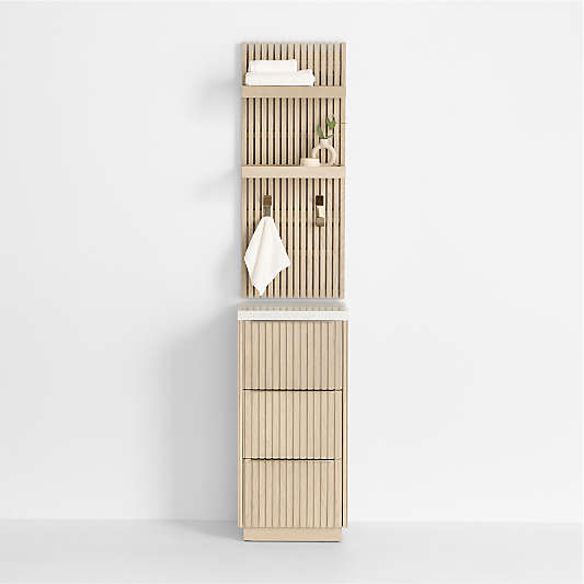 Batten 16" White Oak Wood and Marble Bath Storage Tower and Panel Set with Shelf and Towel Hook