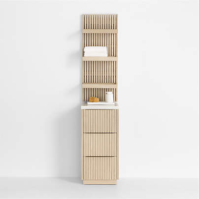 Batten 16" White Oak Wood and Marble Bath Storage Tower and Panel Set with Shelf