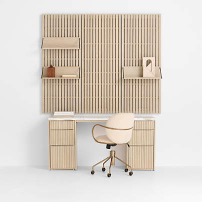 Batten 61.5" Natural Oak Wood Desk with White Marble Top and Panel Set with 3 Reversible Shelves