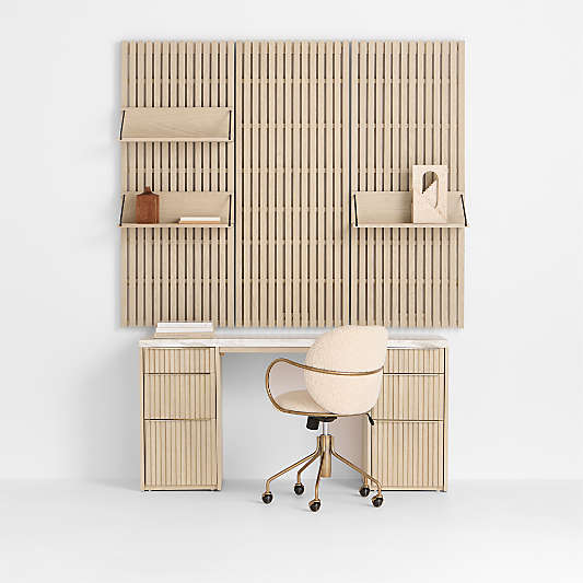 Batten 61.5" Natural Oak Wood Desk with White Marble Top and Panel Set with 3 Reversible Shelves