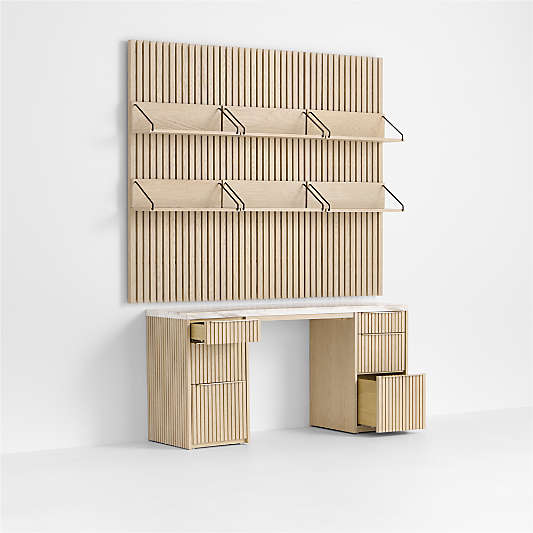 Batten 62" White Oak Wood Desk with White Marble Top and Panel Set with 6 Reversible Shelves