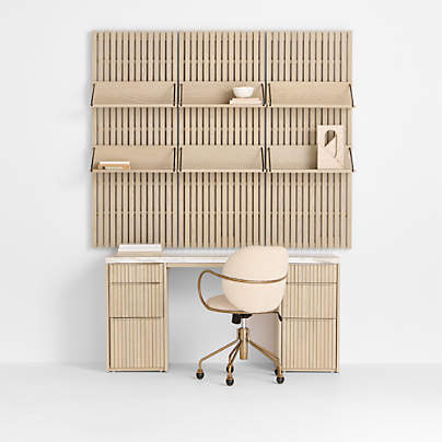 Batten 61.5" Natural Oak Wood Desk with White Marble Top and Panel Set with 6 Reversible Shelves