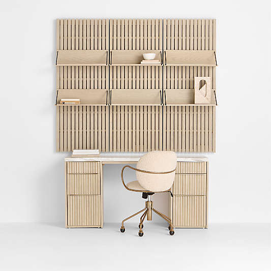 Batten 62" White Oak Wood Desk with White Marble Top and Panel Set with 6 Reversible Shelves