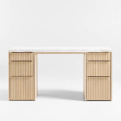 Batten 61.5" White Oak Wood Console Desk with White Marble Top