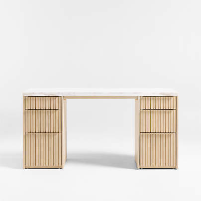 Batten 62" White Oak Wood Console Desk with White Marble Top