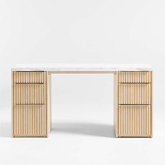 Batten 61.5" White Oak Wood Console Desk with White Marble Top