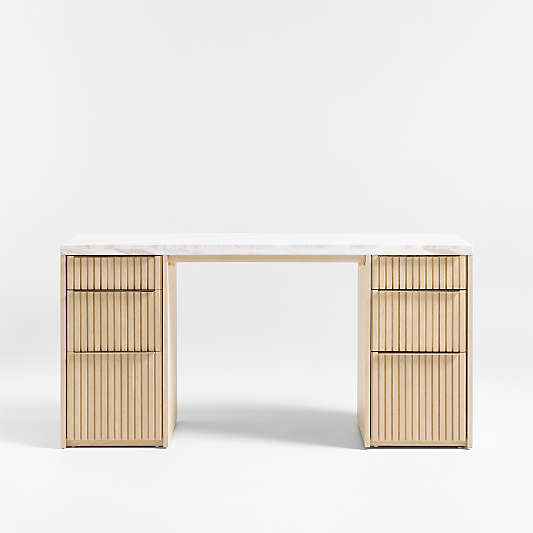Batten 62" White Oak Wood Console Desk with White Marble Top
