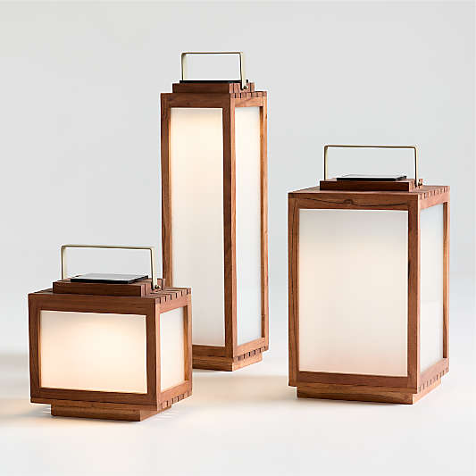 Batten Brown Acacia Wood and Glass LED Solar Outdoor Lanterns