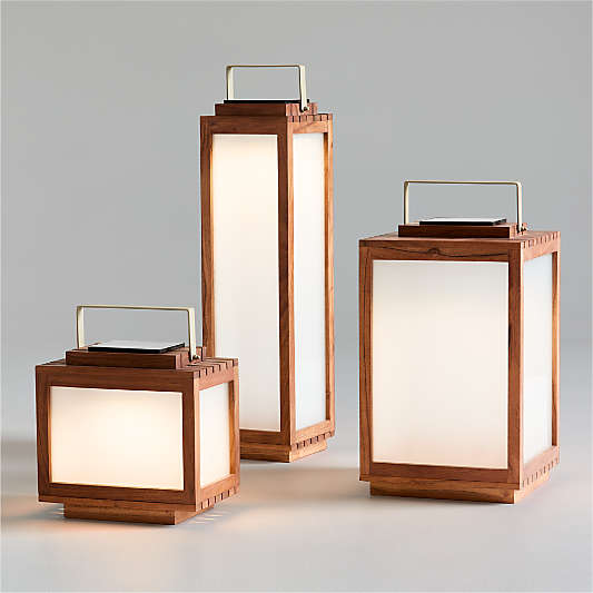 Batten Brown Acacia Wood and Glass LED Solar Outdoor Lanterns