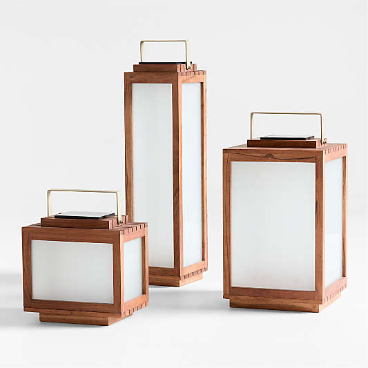 Batten Brown Acacia Wood and Glass LED Solar Outdoor Lanterns
