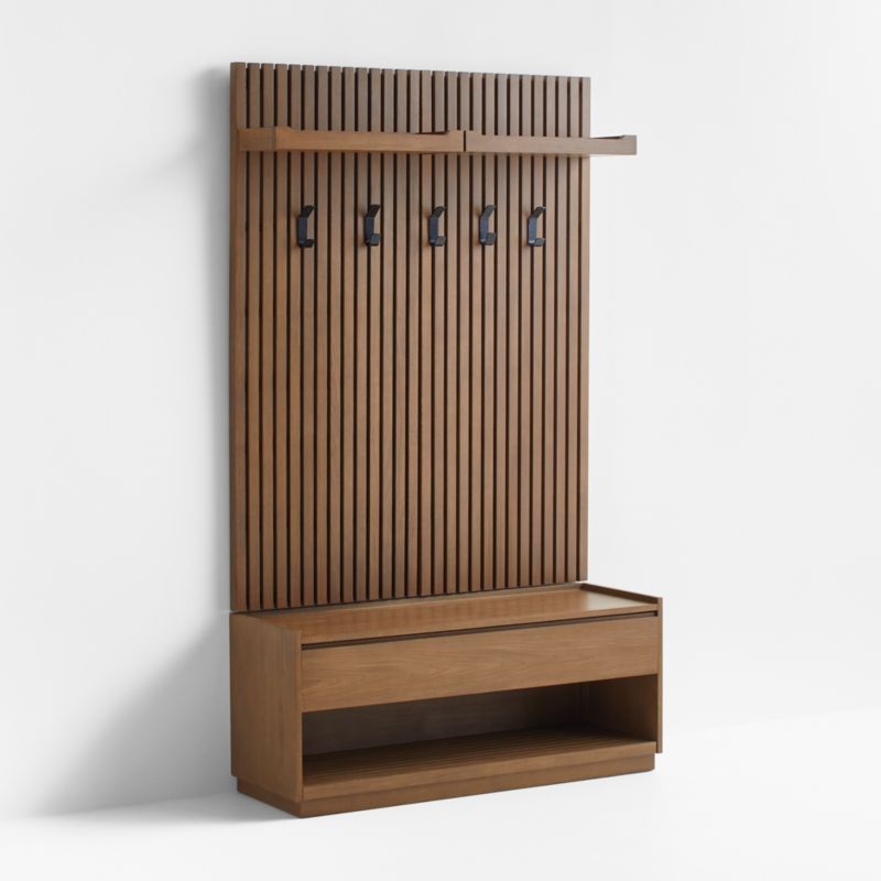 Batten Brown Oak Storage Bench and Panel Set with Flat Shelf and Coat Rack - image 1 of 3