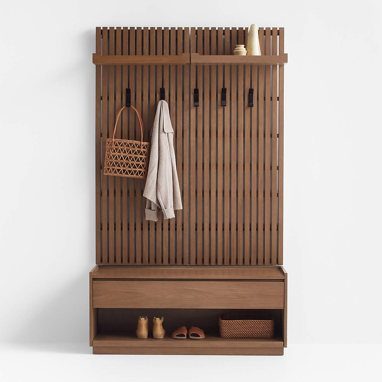 Batten Brown Oak Storage Bench and Panel Set with Flat Shelf and Coat Rack Crate & Barrel