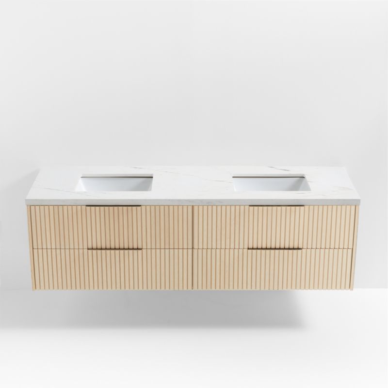 Batten 72" White Marble Top and Oak Wood Double Sink Floating Vanity - image 7 of 20