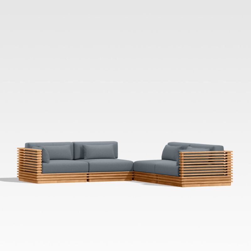 Viewing product image Batten Natural Teak 5-Piece L-Shaped Outdoor Sectional Sofa with Corner Coffee Table & Canvas Haze Blue Sunbrella ® Cushions - image 1 of 8