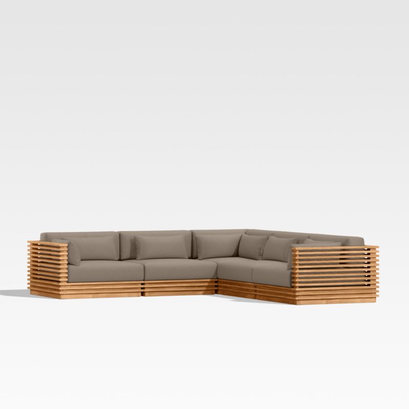 Batten Natural Teak 5-Piece L-Shaped Outdoor Sectional Sofa with Cast Shale Brown Sunbrella ® Cushions - image 0 of 9