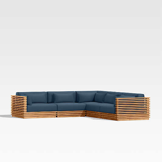 Batten Natural Teak 5-Piece L-Shaped Outdoor Sectional Sofa with Cast Harbor Navy Blue Sunbrella ® Cushions