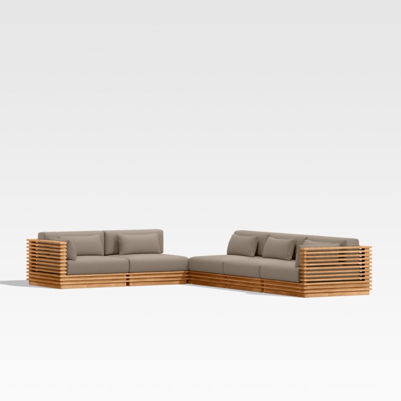 Batten Natural Teak 6-Piece L-Shaped Outdoor Sectional Sofa with Corner Coffee Table & Cast Shale Brown Sunbrella ® Cushions - image 0 of 9