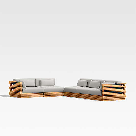 Batten Natural Teak 6-Piece L-Shaped Outdoor Sectional Sofa with Corner Coffee Table & Cast Silver Sunbrella ® Cushions