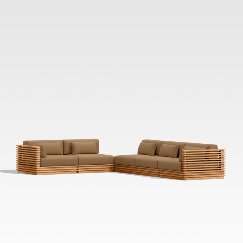 Batten Natural Teak 6-Piece L-Shaped Outdoor Sectional Sofa with Corner Coffee Table & Cast Teak Brown Sunbrella ® Cushions - image 0 of 9