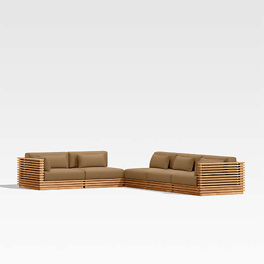 Batten Natural Teak 6-Piece L-Shaped Outdoor Sectional Sofa with Corner Coffee Table & Cast Teak Brown Sunbrella ® Cushions