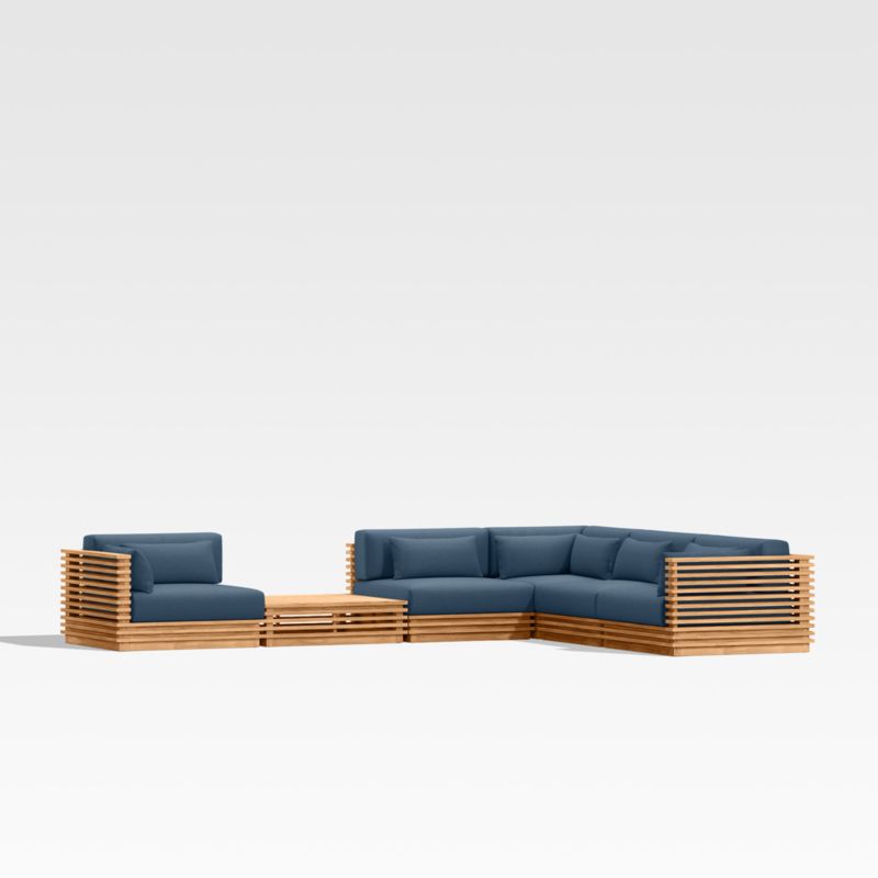 Batten Natural Teak 6-Piece L-Shaped Outdoor Sectional Sofa with Side Coffee Table & Cast Harbor Navy Blue Sunbrella ® Cushions - image 0 of 9