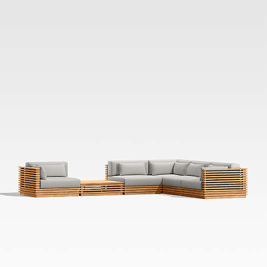 Batten Natural Teak 6-Piece L-Shaped Outdoor Sectional Sofa with Side Coffee Table & Cast Silver Sunbrella ® Cushions