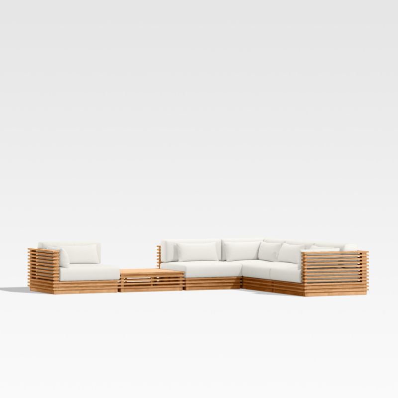 Viewing product image Batten Natural Teak 6-Piece L-Shaped Outdoor Sectional Sofa with Side Coffee Table & Canvas Sunbrella ® Cushions - image 1 of 8