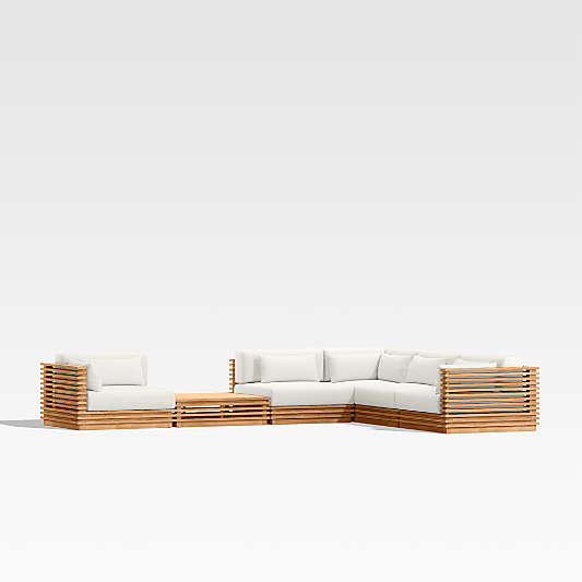 Batten Natural Teak 6-Piece L-Shaped Outdoor Sectional Sofa with Side Coffee Table & Canvas Sunbrella ® Cushions