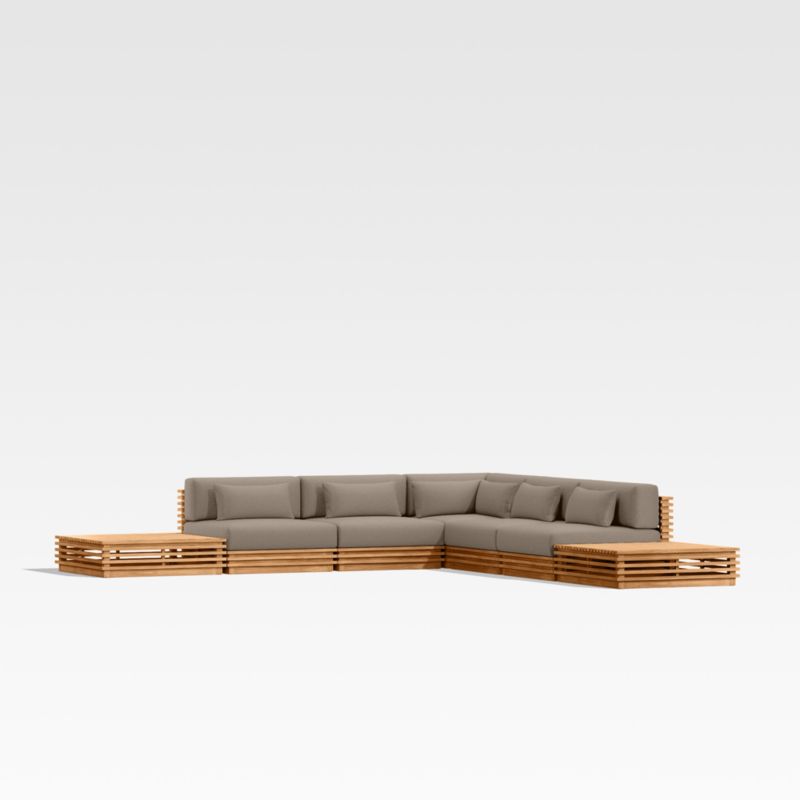 Batten Natural Teak 7-Piece L-Shaped Outdoor Sectional Sofa with Side Coffee Tables & Cast Shale Brown Sunbrella ® Cushions - image 0 of 9