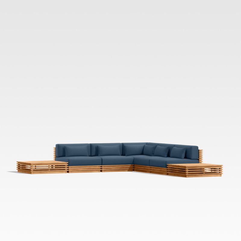 Batten Natural Teak 7-Piece L-Shaped Outdoor Sectional Sofa with Side Coffee Tables & Cast Harbor Navy Blue Sunbrella ® Cushions - image 0 of 9