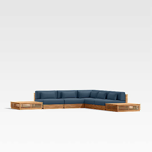 Batten Natural Teak 7-Piece L-Shaped Outdoor Sectional Sofa with Side Coffee Tables & Cast Harbor Navy Blue Sunbrella ® Cushions