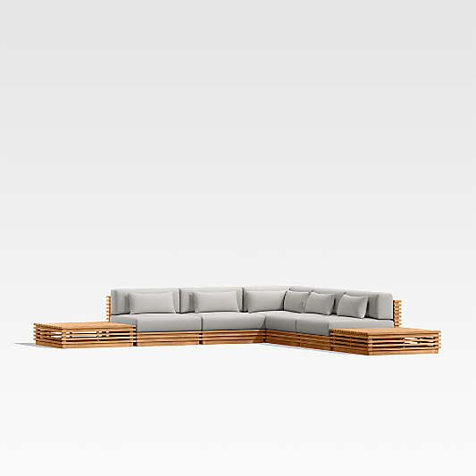 Batten Natural Teak 7-Piece L-Shaped Outdoor Sectional Sofa with Side Coffee Tables & Cast Silver Sunbrella ® Cushions