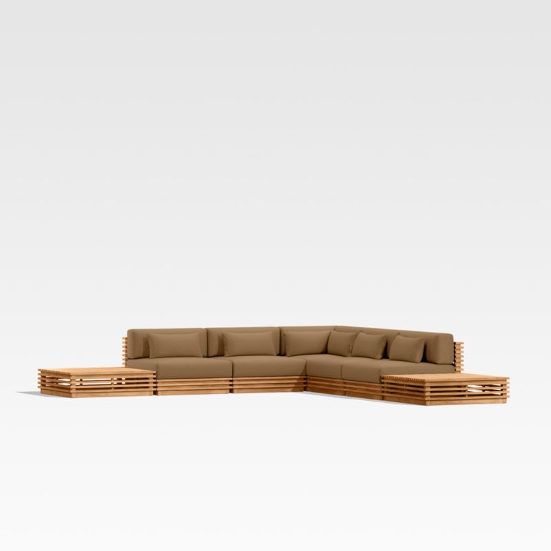 Batten Natural Teak 7-Piece L-Shaped Outdoor Sectional Sofa with Side Coffee Tables & Cast Teak Brown Sunbrella ® Cushions - image 0 of 9