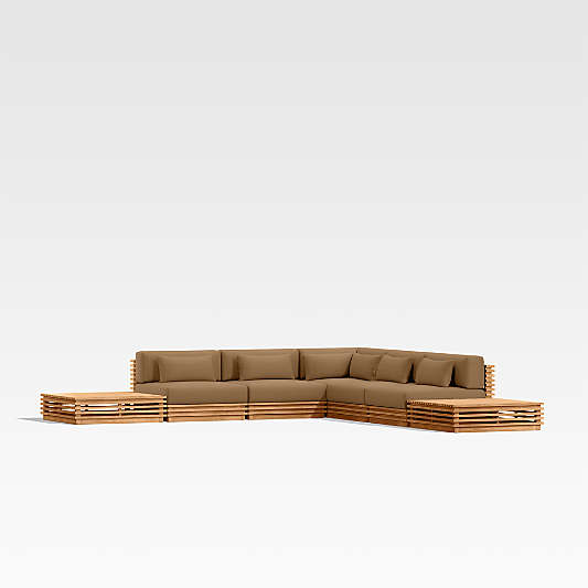 Batten Natural Teak 7-Piece L-Shaped Outdoor Sectional Sofa with Side Coffee Tables & Cast Teak Brown Sunbrella ® Cushions