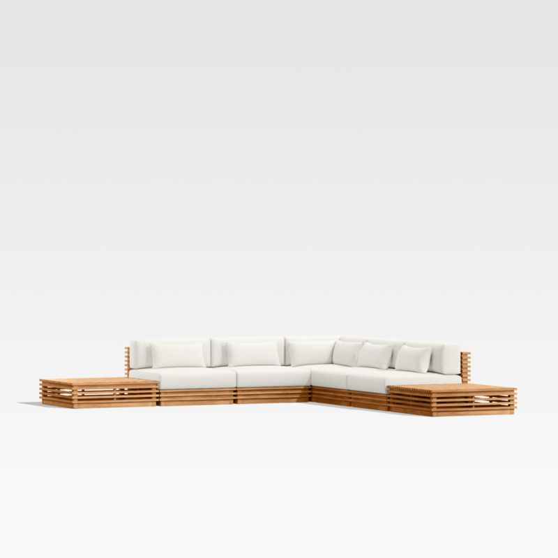 Viewing product image Batten Natural Teak 7-Piece L-Shaped Outdoor Sectional Sofa with Side Coffee Tables & Canvas Sunbrella ® Cushions - image 1 of 8