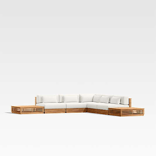 Batten Natural Teak 7-Piece L-Shaped Outdoor Sectional Sofa with Side Coffee Tables & Canvas Sunbrella ® Cushions