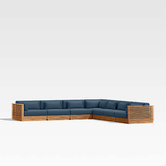 Batten Natural Teak 7-Piece L-Shaped Outdoor Sectional Sofa with Cast Harbor Navy Blue Sunbrella ® Cushions