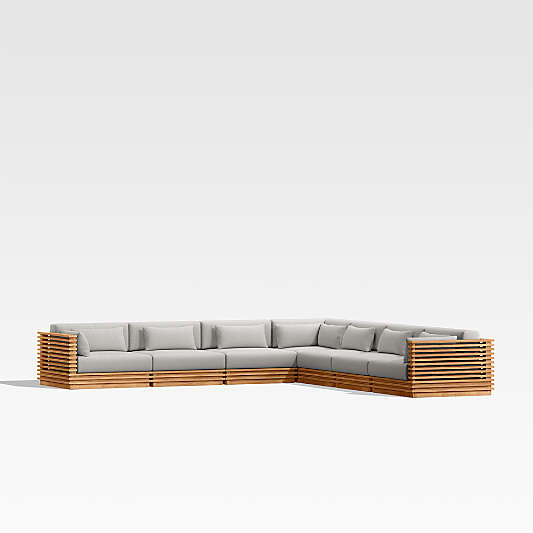 Batten Natural Teak 7-Piece L-Shaped Outdoor Sectional Sofa with Cast Silver Sunbrella ® Cushions