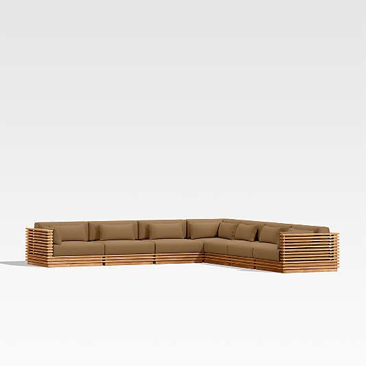 Batten Natural Teak 7-Piece L-Shaped Outdoor Sectional Sofa with Cast Teak Brown Sunbrella ® Cushions