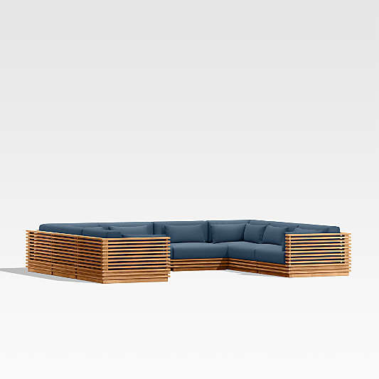 Batten Natural Teak 8-Piece U-Shaped Outdoor Sectional Sofa with Cast Harbor Navy Blue Sunbrella ® Cushions