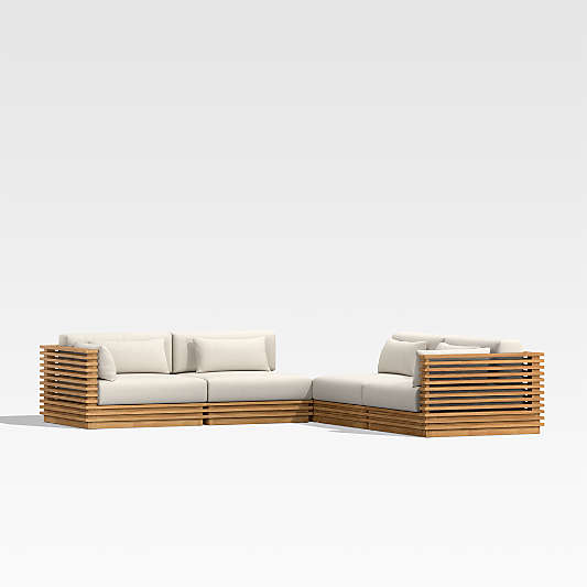 Batten 5-Piece L-Shaped Teak Outdoor Sectional Sofa with Corner Coffee Table & Oat Cushions