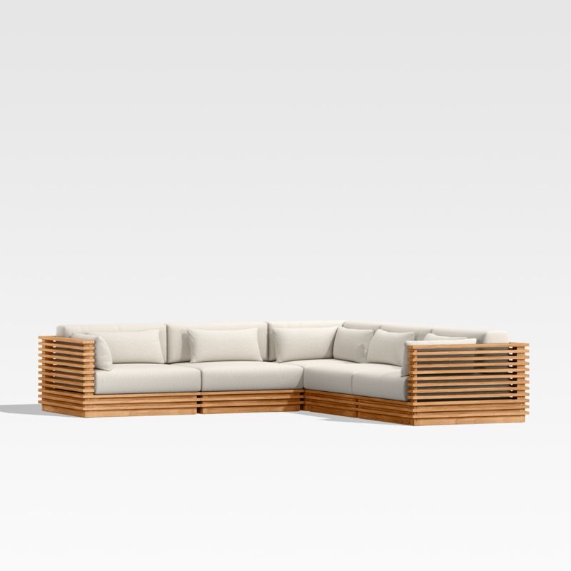 Batten -Piece L-Shaped Teak Outdoor Sectional Sofa with Oat Cushions