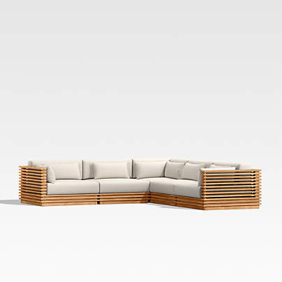 Batten Natural Teak 5-Piece L-Shaped Outdoor Sectional Sofa with Oat Cushions