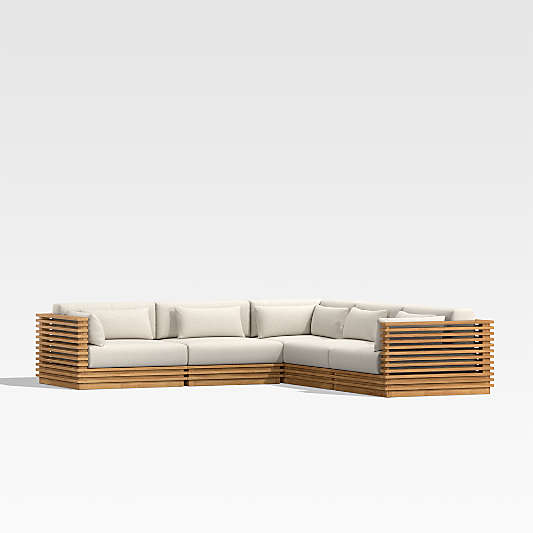 Batten Natural Teak 5-Piece L-Shaped Outdoor Sectional Sofa with Oat Cushions