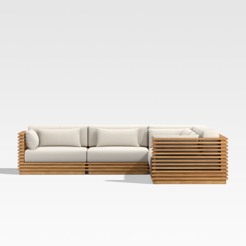 Batten -Piece L-Shaped Teak Outdoor Sectional Sofa with Oat Cushions