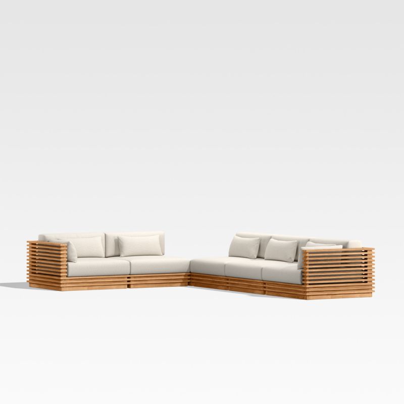 Batten -Piece L-Shaped Teak Outdoor Sectional Sofa with Corner Coffee Table & Oat Cushions