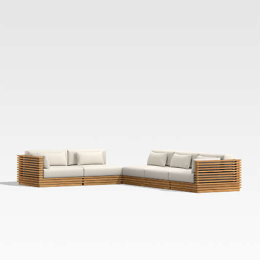 Batten Natural Teak 6-Piece L-Shaped Outdoor Sectional Sofa with Corner Coffee Table & Oat Cushions