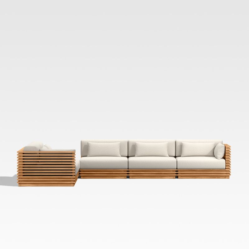 Batten -Piece L-Shaped Teak Outdoor Sectional Sofa with Corner Coffee Table & Oat Cushions